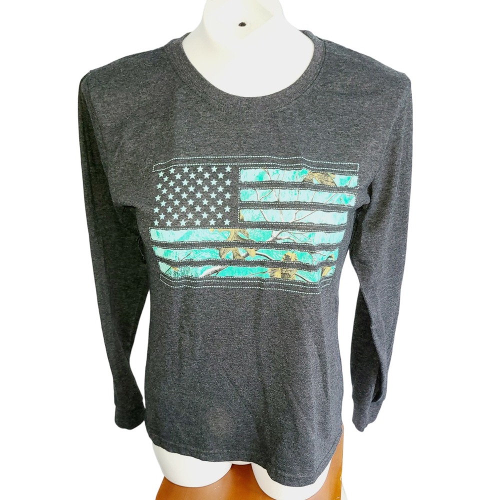 Realtree Willow Trails Womens Long Sleeve Graphic Tee Grey Camo Flag Mint M